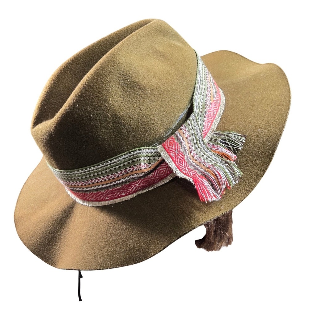 Scala Pronto Olive Green Wool Felt Fedora Hat Woven Southwestern Band Fringe
